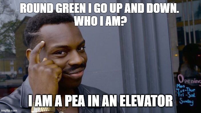 Trash jokes | ROUND GREEN I GO UP AND DOWN. 
WHO I AM? I AM A PEA IN AN ELEVATOR | image tagged in memes,roll safe think about it | made w/ Imgflip meme maker