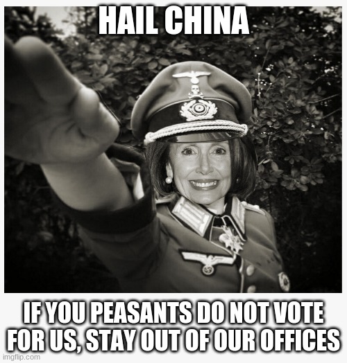 Now she tells us | HAIL CHINA; IF YOU PEASANTS DO NOT VOTE FOR US, STAY OUT OF OUR OFFICES | image tagged in nazi pelosi,occupy what we tell you,the democrats are the new nazi party,america has fallen,drunk with power,no more elections | made w/ Imgflip meme maker