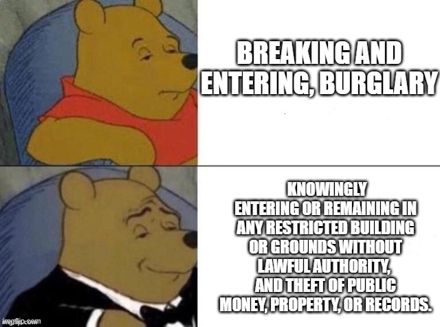 Classy Pooh Bear | BREAKING AND ENTERING, BURGLARY KNOWINGLY ENTERING OR REMAINING IN ANY RESTRICTED BUILDING OR GROUNDS WITHOUT LAWFUL AUTHORITY,  AND THEFT O | image tagged in classy pooh bear | made w/ Imgflip meme maker