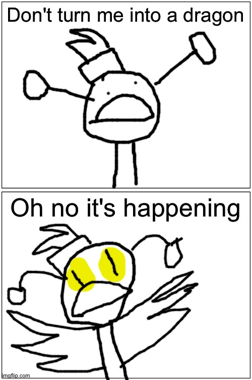 Blank Comic Panel 1x2 Meme | Don't turn me into a dragon Oh no it's happening | image tagged in memes,blank comic panel 1x2 | made w/ Imgflip meme maker