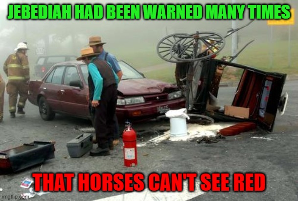 True story...horses can't see red... | JEBEDIAH HAD BEEN WARNED MANY TIMES; THAT HORSES CAN'T SEE RED | image tagged in amish car accident,memes,can't see red,funny,amish | made w/ Imgflip meme maker