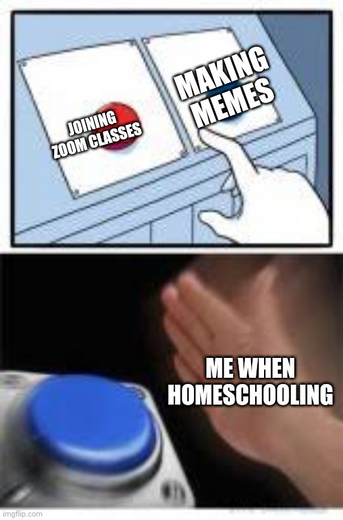 Red and Blue Buttons | MAKING MEMES; JOINING ZOOM CLASSES; ME WHEN HOMESCHOOLING | image tagged in red and blue buttons | made w/ Imgflip meme maker