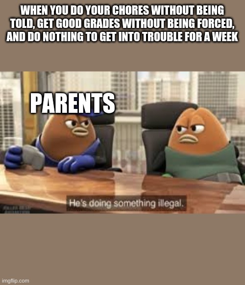 killer bean | WHEN YOU DO YOUR CHORES WITHOUT BEING TOLD, GET GOOD GRADES WITHOUT BEING FORCED, AND DO NOTHING TO GET INTO TROUBLE FOR A WEEK; PARENTS | image tagged in killer bean | made w/ Imgflip meme maker