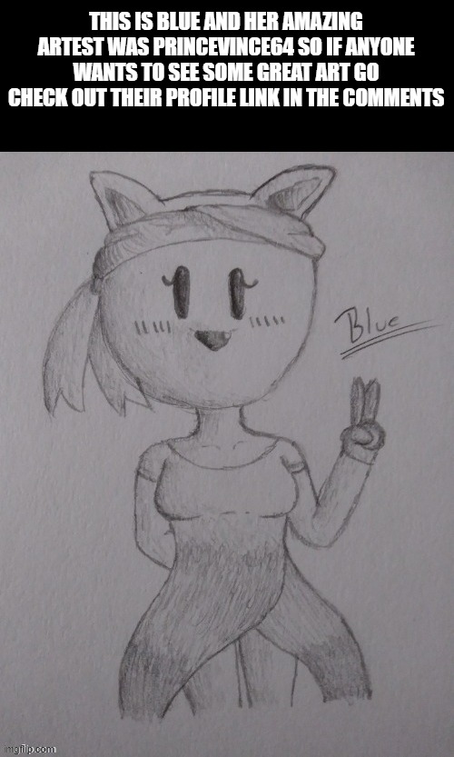 THIS IS BLUE AND HER AMAZING ARTEST WAS PRINCEVINCE64 SO IF ANYONE WANTS TO SEE SOME GREAT ART GO CHECK OUT THEIR PROFILE LINK IN THE COMMENTS | made w/ Imgflip meme maker