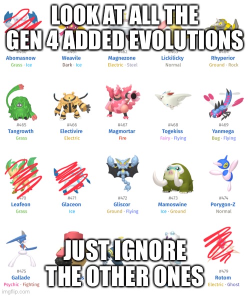 Idk what to name this | LOOK AT ALL THE GEN 4 ADDED EVOLUTIONS; JUST IGNORE THE OTHER ONES | image tagged in memes | made w/ Imgflip meme maker