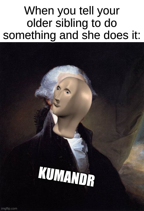 Is there a stream for this? Please repost in that stream with the face flipped. | When you tell your older sibling to do something and she does it:; KUMANDR | image tagged in memes,george washington | made w/ Imgflip meme maker