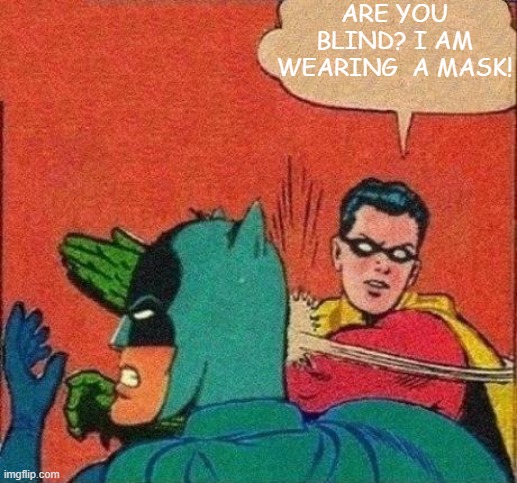 Robin Slaps Batman | ARE YOU BLIND? I AM WEARING  A MASK! | image tagged in robin slaps batman | made w/ Imgflip meme maker