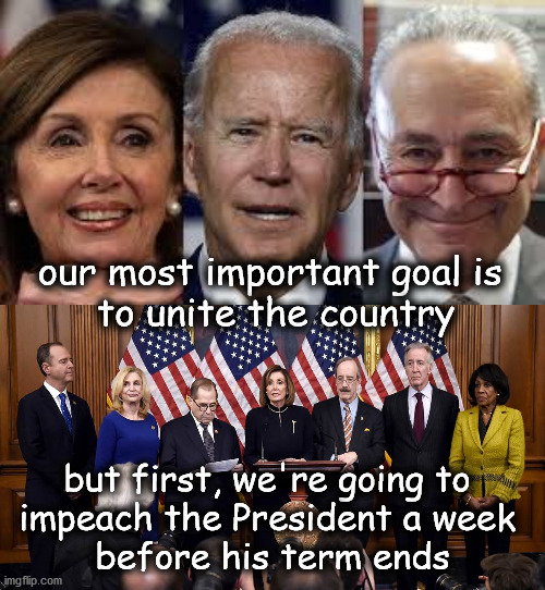 democrats are such hypocrites | our most important goal is 
to unite the country; but first, we're going to 
impeach the President a week 
before his term ends | image tagged in politics | made w/ Imgflip meme maker