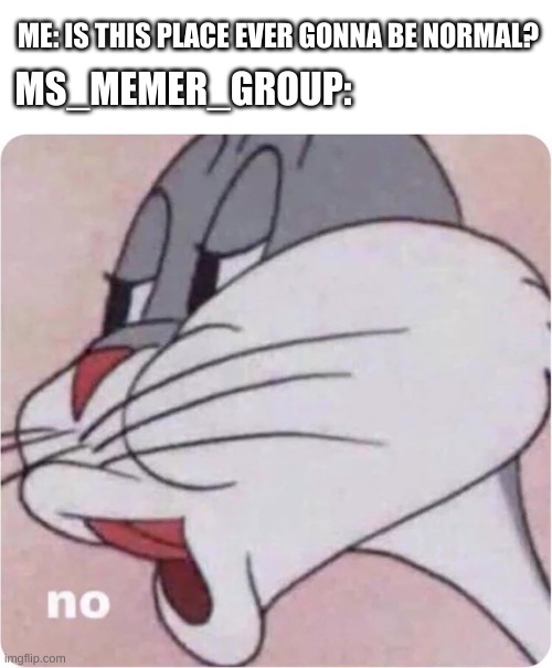 this can relate to everyone | MS_MEMER_GROUP:; ME: IS THIS PLACE EVER GONNA BE NORMAL? | image tagged in memes,funny,streams,bugs bunny no,relatable | made w/ Imgflip meme maker