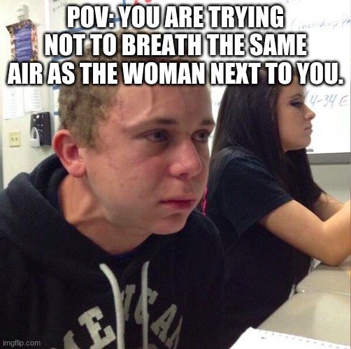 POV: You aren't a simp | POV: YOU ARE TRYING NOT TO BREATH THE SAME AIR AS THE WOMAN NEXT TO YOU. | image tagged in angery boi | made w/ Imgflip meme maker