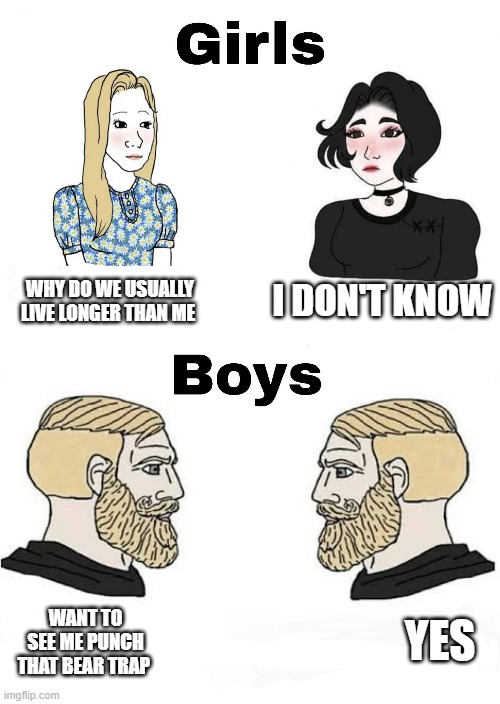 Girls vs Boys | I DON'T KNOW; WHY DO WE USUALLY LIVE LONGER THAN ME; YES; WANT TO SEE ME PUNCH THAT BEAR TRAP | image tagged in girls vs boys,boys vs girls | made w/ Imgflip meme maker