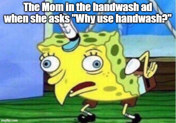 Ad standards have really gone down... | The Mom in the handwash ad when she asks "Why use handwash?" | image tagged in memes,mocking spongebob,handwash,ads,bad ads,stupidity | made w/ Imgflip meme maker