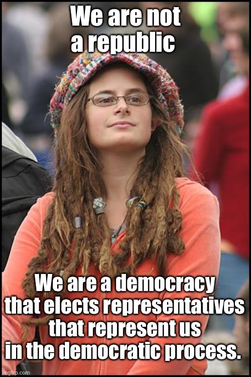 Democracy | We are not a republic; We are a democracy that elects representatives that represent us in the democratic process. | image tagged in memes,college liberal,politics lol,derp | made w/ Imgflip meme maker