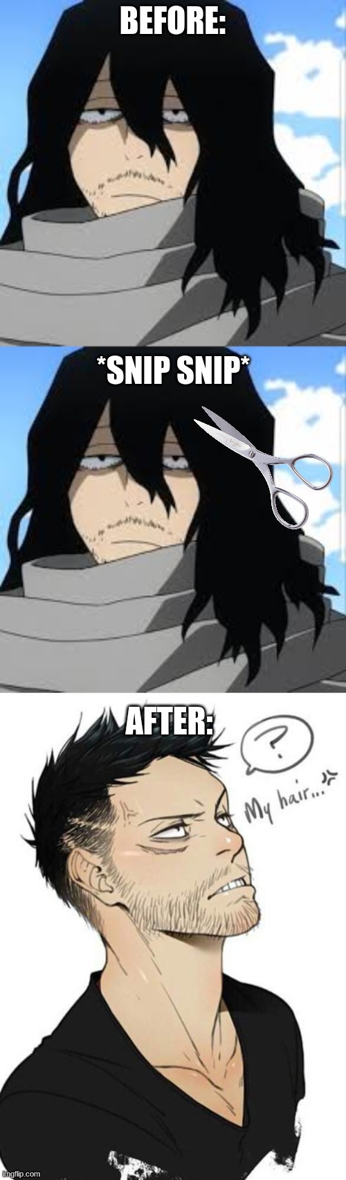 Why do I do.......things -/////- | BEFORE:; *SNIP SNIP*; AFTER: | image tagged in my hero academia,haircut,meme | made w/ Imgflip meme maker