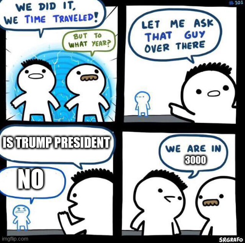 Trump keep stealing the presidency | IS TRUMP PRESIDENT; 3000; NO | image tagged in we did it we time traveled | made w/ Imgflip meme maker