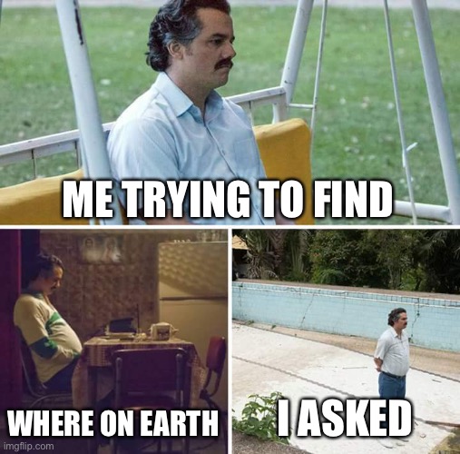 Sad Pablo Escobar | ME TRYING TO FIND; WHERE ON EARTH; I ASKED | image tagged in memes,sad pablo escobar | made w/ Imgflip meme maker