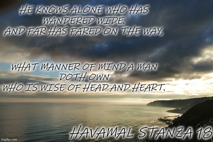 Havamal | HE KNOWS ALONE WHO HAS
WANDERED WIDE.
AND FAR HAS FARED ON THE WAY, WHAT MANNER OF MIND A MAN
DOTH OWN
WHO IS WISE OF HEAD AND HEART. HAVAMAL STANZA 18 | image tagged in viking,heathen,odin,wise man,faith | made w/ Imgflip meme maker