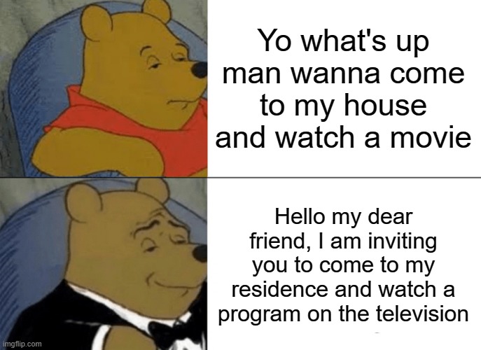 Texedo Winnie The Pooh | Yo what's up man wanna come to my house and watch a movie; Hello my dear friend, I am inviting you to come to my residence and watch a program on the television | image tagged in memes,tuxedo winnie the pooh | made w/ Imgflip meme maker