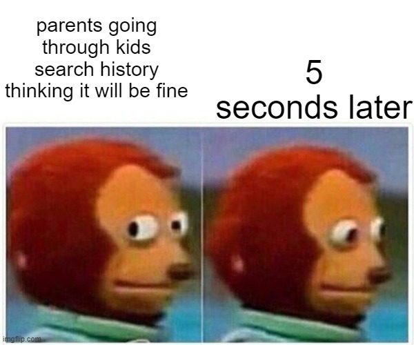 Monkey Puppet | parents going through kids search history thinking it will be fine; 5 seconds later | image tagged in memes,monkey puppet | made w/ Imgflip meme maker