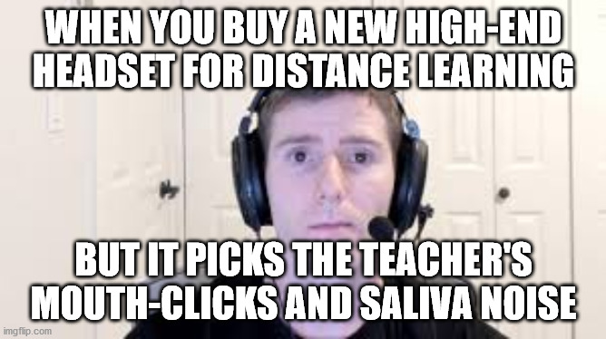 Sad linus | WHEN YOU BUY A NEW HIGH-END HEADSET FOR DISTANCE LEARNING; BUT IT PICKS THE TEACHER'S MOUTH-CLICKS AND SALIVA NOISE | image tagged in sad linus | made w/ Imgflip meme maker