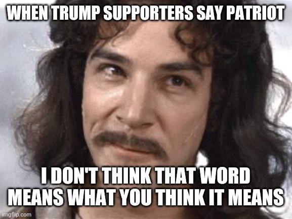 I Do Not Think That Means What You Think It Means | WHEN TRUMP SUPPORTERS SAY PATRIOT; I DON'T THINK THAT WORD MEANS WHAT YOU THINK IT MEANS | image tagged in i do not think that means what you think it means | made w/ Imgflip meme maker