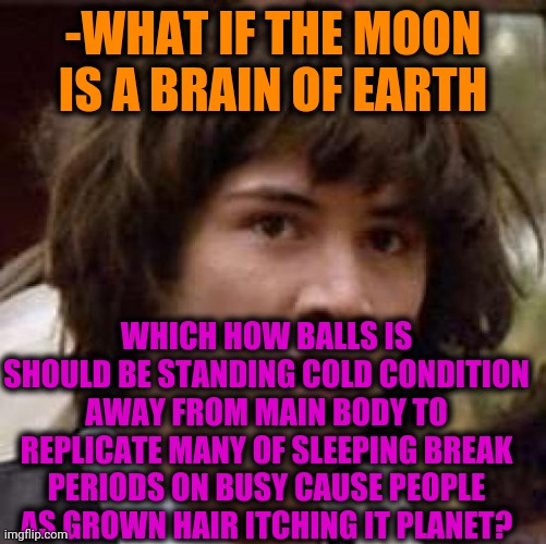 -The imposter theory. | -WHAT IF THE MOON IS A BRAIN OF EARTH; WHICH HOW BALLS IS SHOULD BE STANDING COLD CONDITION AWAY FROM MAIN BODY TO REPLICATE MANY OF SLEEPING BREAK PERIODS ON BUSY CAUSE PEOPLE AS GROWN HAIR ITCHING IT PLANET? | image tagged in memes,conspiracy keanu,big brain,earth day,what if,funny haircut | made w/ Imgflip meme maker