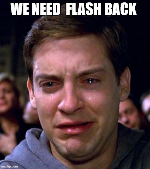 crying peter parker | WE NEED  FLASH BACK | image tagged in crying peter parker | made w/ Imgflip meme maker