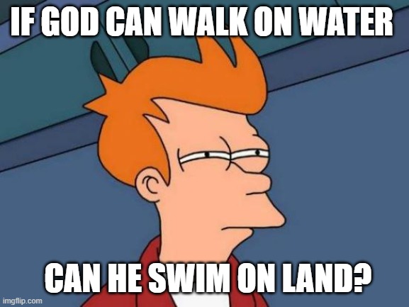 hmmmmmmmmmmmmmmmmmmm | IF GOD CAN WALK ON WATER; CAN HE SWIM ON LAND? | image tagged in memes,futurama fry | made w/ Imgflip meme maker