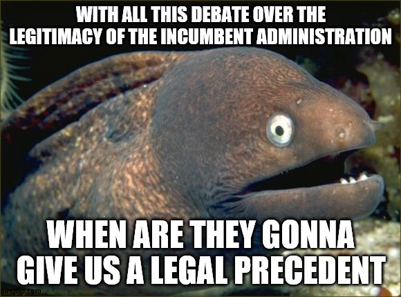 conger-essional hearing | WITH ALL THIS DEBATE OVER THE LEGITIMACY OF THE INCUMBENT ADMINISTRATION; WHEN ARE THEY GONNA GIVE US A LEGAL PRECEDENT | image tagged in memes,bad joke eel | made w/ Imgflip meme maker