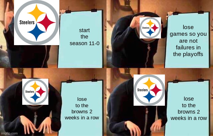 Pittburgh season in a nutshell | start the season 11-0; lose games so you are not failures in the playoffs; lose to the browns 2 weeks in a row; lose to the browns 2 weeks in a row | image tagged in memes,gru's plan,nfl memes | made w/ Imgflip meme maker