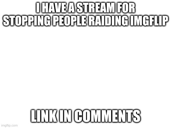 Blank White Template | I HAVE A STREAM FOR STOPPING PEOPLE RAIDING IMGFLIP; LINK IN COMMENTS | image tagged in blank white template | made w/ Imgflip meme maker