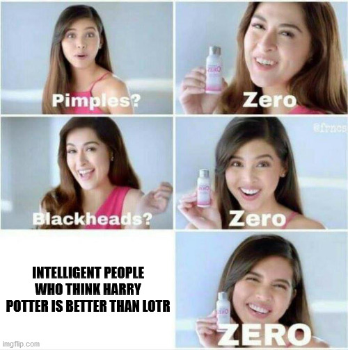 Pimples? Zero | INTELLIGENT PEOPLE WHO THINK HARRY POTTER IS BETTER THAN LOTR | image tagged in pimples zero | made w/ Imgflip meme maker