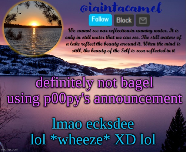 hahaha | definitely not bagel using p00py's announcement; lmao ecksdee lol *wheeze* XD lol | image tagged in iaintacamel | made w/ Imgflip meme maker