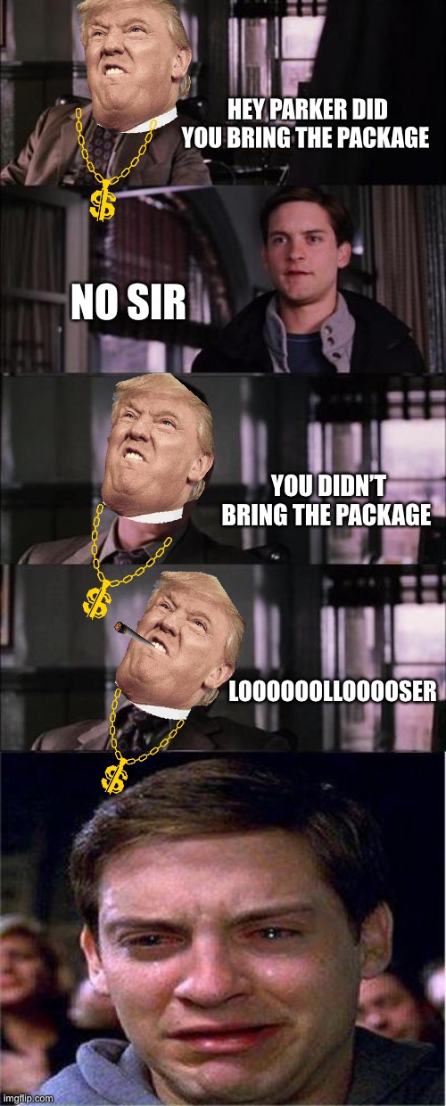 lloooooser | HEY PARKER DID YOU BRING THE PACKAGE; NO SIR; YOU DIDN’T BRING THE PACKAGE; LOOOOOOLLOOOOSER | image tagged in memes,peter parker cry | made w/ Imgflip meme maker