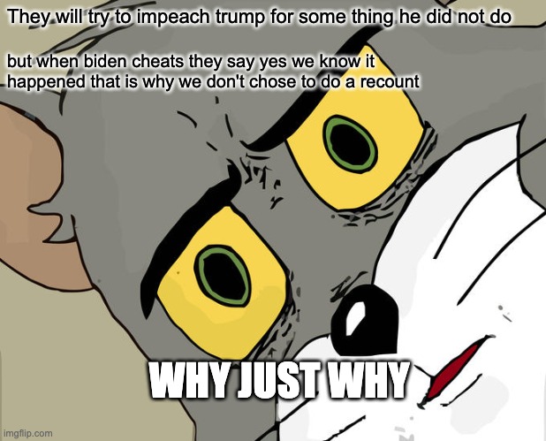 Unsettled Tom | They will try to impeach trump for some thing he did not do; but when biden cheats they say yes we know it happened that is why we don't chose to do a recount; WHY JUST WHY | image tagged in memes,unsettled tom | made w/ Imgflip meme maker