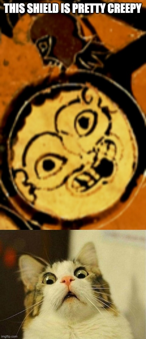 What I found at this ancient greek amphora... | THIS SHIELD IS PRETTY CREEPY | image tagged in memes,scared cat | made w/ Imgflip meme maker