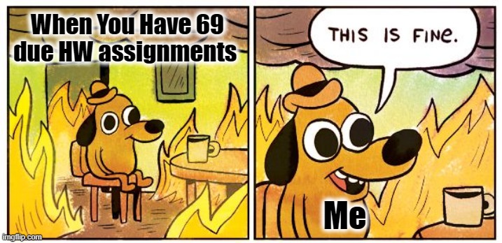 School Meme | When You Have 69 due HW assignments; Me | image tagged in memes,this is fine | made w/ Imgflip meme maker