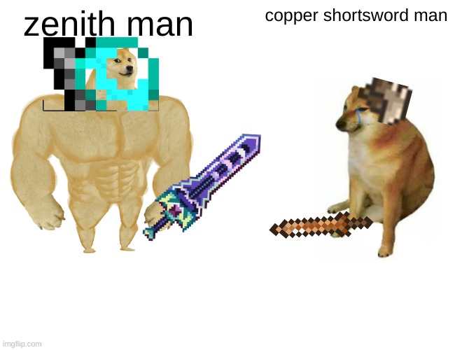 Morning terrarian memes | zenith man; copper shortsword man | image tagged in memes,buff doge vs cheems | made w/ Imgflip meme maker