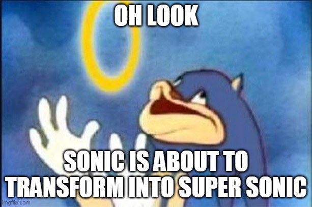 transform into super sonic | OH LOOK; SONIC IS ABOUT TO TRANSFORM INTO SUPER SONIC | image tagged in sonic derp | made w/ Imgflip meme maker