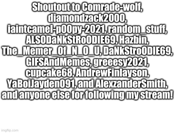 Shoutout to everyone! | Shoutout to Comrade-wolf, diamondzack2000, iaintcamel-p00py-2021, random_stuff, ALSODaNkStRoODIE69, Hazbin, The_Memer_Of_N_O_U, DaNkStroODIE69, GIFSAndMemes, greeesy2021, cupcake68, AndrewFinlayson, YaBoiJayden091, and AlexzanderSmith, and anyone else for following my stream! | image tagged in blank white template | made w/ Imgflip meme maker