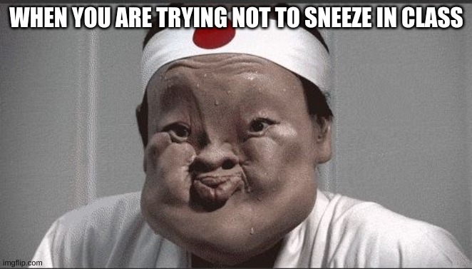 Literally me | WHEN YOU ARE TRYING NOT TO SNEEZE IN CLASS | image tagged in chinese guy trying not to sneeze | made w/ Imgflip meme maker
