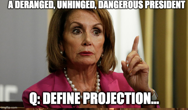 nancy pelosi | A DERANGED, UNHINGED, DANGEROUS PRESIDENT; Q: DEFINE PROJECTION... | image tagged in political meme | made w/ Imgflip meme maker