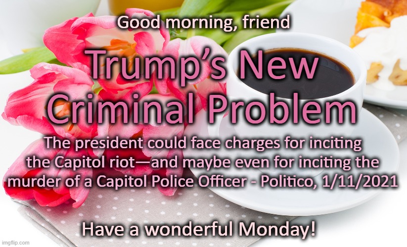 Good morning, friend | Good morning, friend; Trump’s New Criminal Problem; The president could face charges for inciting the Capitol riot—and maybe even for inciting the murder of a Capitol Police Officer - Politico, 1/11/2021; Have a wonderful Monday! | image tagged in coffee,flowers,anti trump meme | made w/ Imgflip meme maker