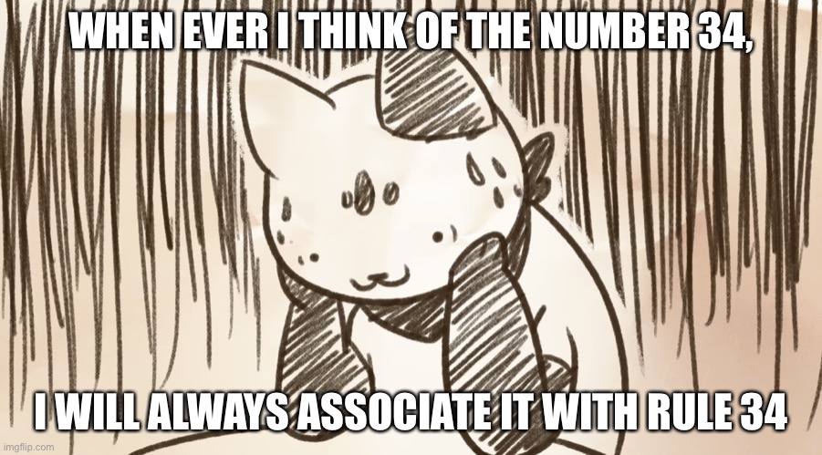 Chipflake questioning life | WHEN EVER I THINK OF THE NUMBER 34, I WILL ALWAYS ASSOCIATE IT WITH RULE 34 | image tagged in chipflake questioning life | made w/ Imgflip meme maker