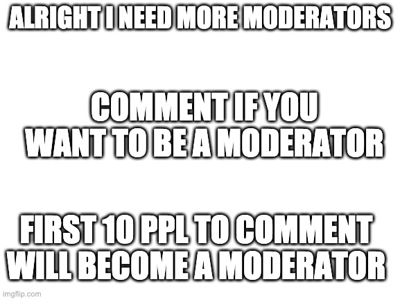 Blank White Template | ALRIGHT I NEED MORE MODERATORS; COMMENT IF YOU WANT TO BE A MODERATOR; FIRST 10 PPL TO COMMENT WILL BECOME A MODERATOR | image tagged in blank white template | made w/ Imgflip meme maker