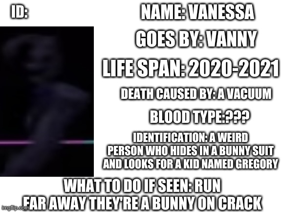 Blank White Template | NAME: VANESSA LIFE SPAN: 2020-2021 DEATH CAUSED BY: A VACUUM BLOOD TYPE:??? IDENTIFICATION: A WEIRD PERSON WHO HIDES IN A BUNNY SUIT AND LOO | image tagged in blank white template | made w/ Imgflip meme maker