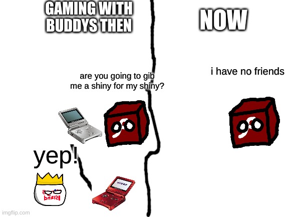 rip flash | GAMING WITH BUDDYS THEN; NOW; i have no friends; are you going to gib me a shiny for my shiny? yep! | image tagged in blank white template,nostalgia,sad | made w/ Imgflip meme maker