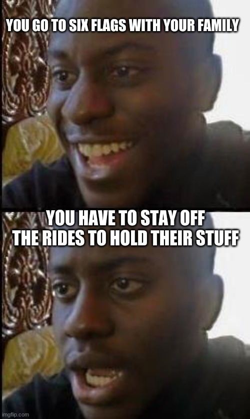 Just happened to me lol | YOU GO TO SIX FLAGS WITH YOUR FAMILY; YOU HAVE TO STAY OFF THE RIDES TO HOLD THEIR STUFF | image tagged in disappointed black guy | made w/ Imgflip meme maker