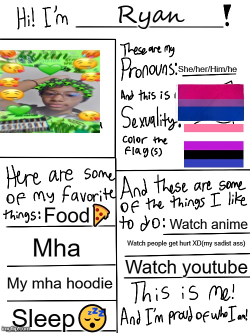 Lgbtq stream account profile | Ryan; She/her/Him/he; Food🍕; Watch anime; Mha; Watch people get hurt XD(my sadist ass); Watch youtube; My mha hoodie; Sleep😴 | image tagged in lgbtq stream account profile | made w/ Imgflip meme maker