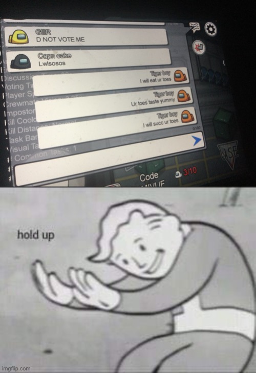 S u c c | image tagged in fallout hold up,succ,toes,among us | made w/ Imgflip meme maker